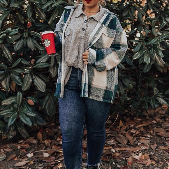 Plaids shacket women oversized jacket cardigan button front - Picture 3 of 6